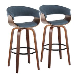 Vintage Mod 29 in. Blue Fabric, Walnut Wood and Black Metal Fixed-Height Bar Stool Round Footrest (Set of 2)
