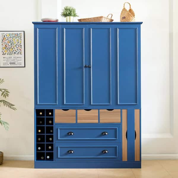 Farmhouse 71''H Blue Large Kitchen Pantry with 4 Foldable Doors,Power Outlet, Shelves, Wine Racks and Serving Trays