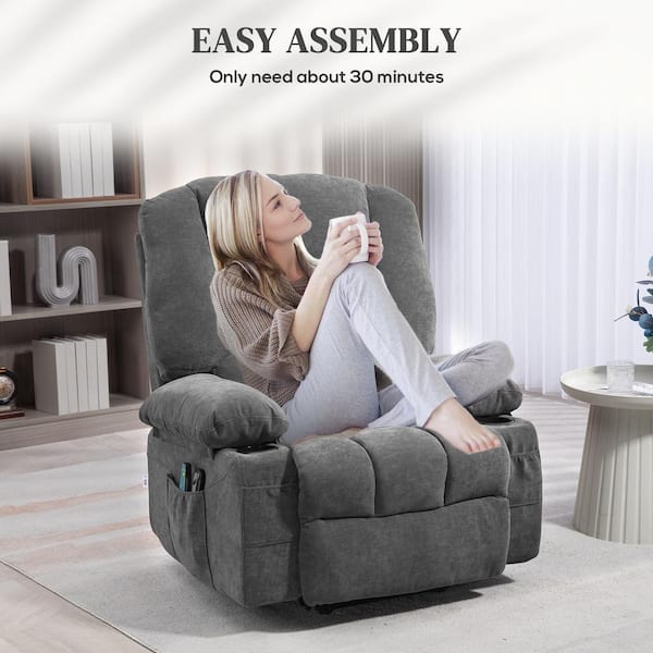 Charcoal Gray Chenille Power Lift Recliner with Vibration Massage and Heat