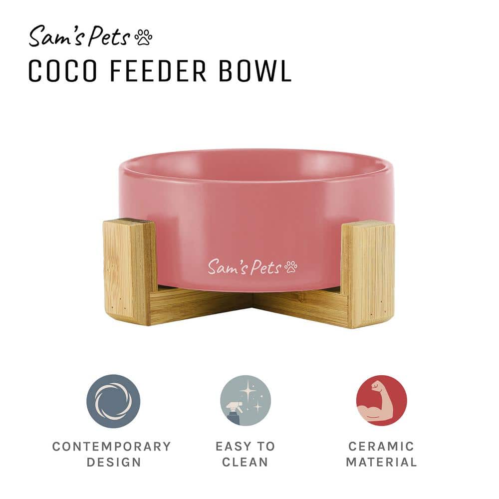 Pink Ceramic Dog Bowl with Wooden Stand