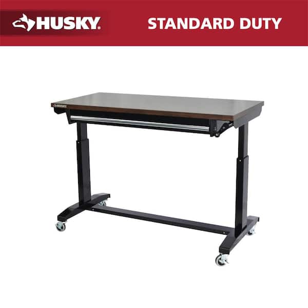 52 in. W x 24 in. D 1-Drawer Adjustable Height Gloss Black Workbench with Dark Stained Wood Top