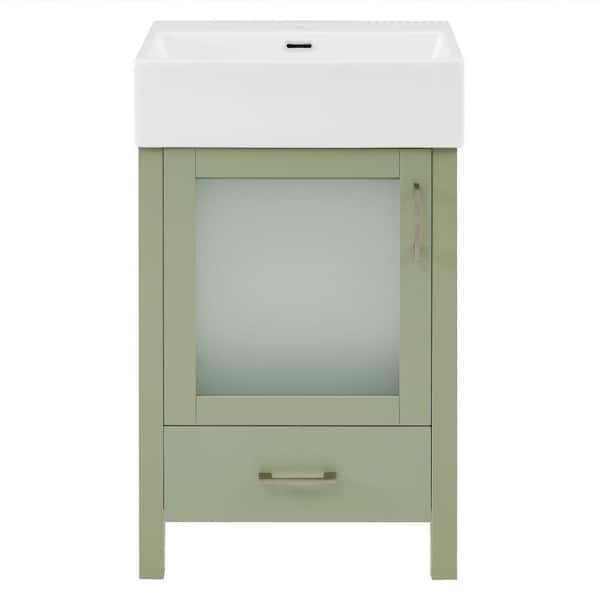 EPOWP 20.28 in. W x 15.16 in. D x 34.84 in. H Single Sink Freestanding Bath Vanity in Green with White Ceramic Top and Storage