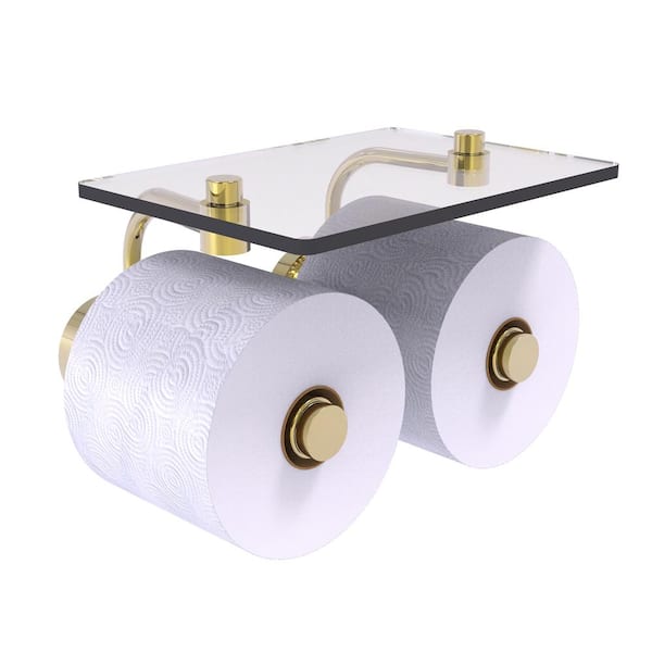Allied Brass Dottingham Collection Wall Mounted Toilet Paper Holder in Unlacquered Brass with Glass Shelf