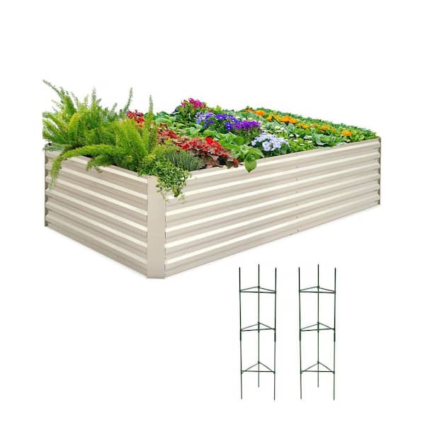 8x4x2 ft. Galvanized Raised Garden Bed, Metal Planter Box for Vegetables, 2 Tomato Cages Included, 22.04 in. Deep, Beige
