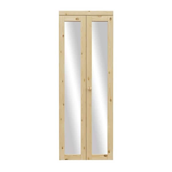 30 in. x 80 in. 1-Lite Solid Core Unfinished Pine Wood Mirrored Glass Interior Closet Bi-Fold Door with Hardware