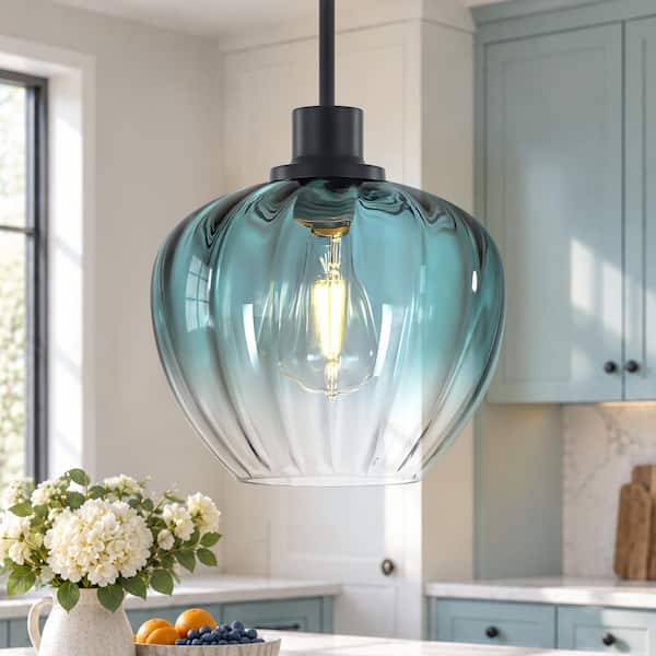 Rayhome 60W 9 in. 1-Light Gradient Blue Island Pendant Hanging Light Ribbing Glass for Kitchen Dining, Over Sink, Living
