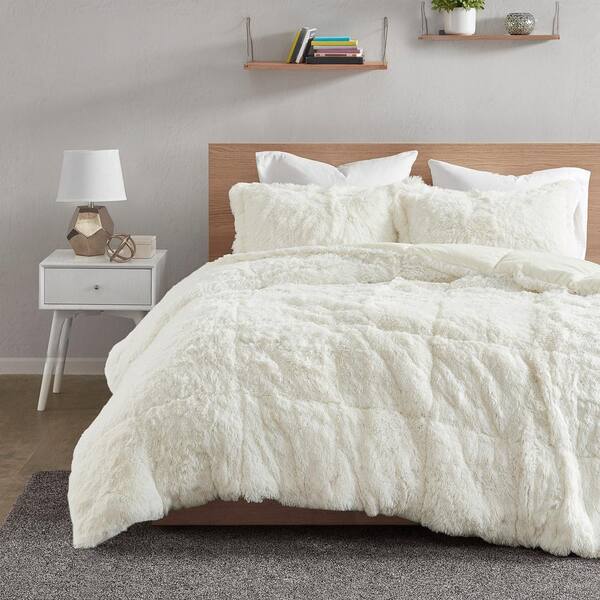 Super Soft Grey Ivory Blush Pink Faux Fur 3 pcs Cal King Queen Comforter Set 