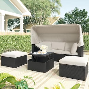 4-Piece Wicker Outdoor Patio Rectangle Day Bed with Retractable Canopy with Washable Beige Cushions