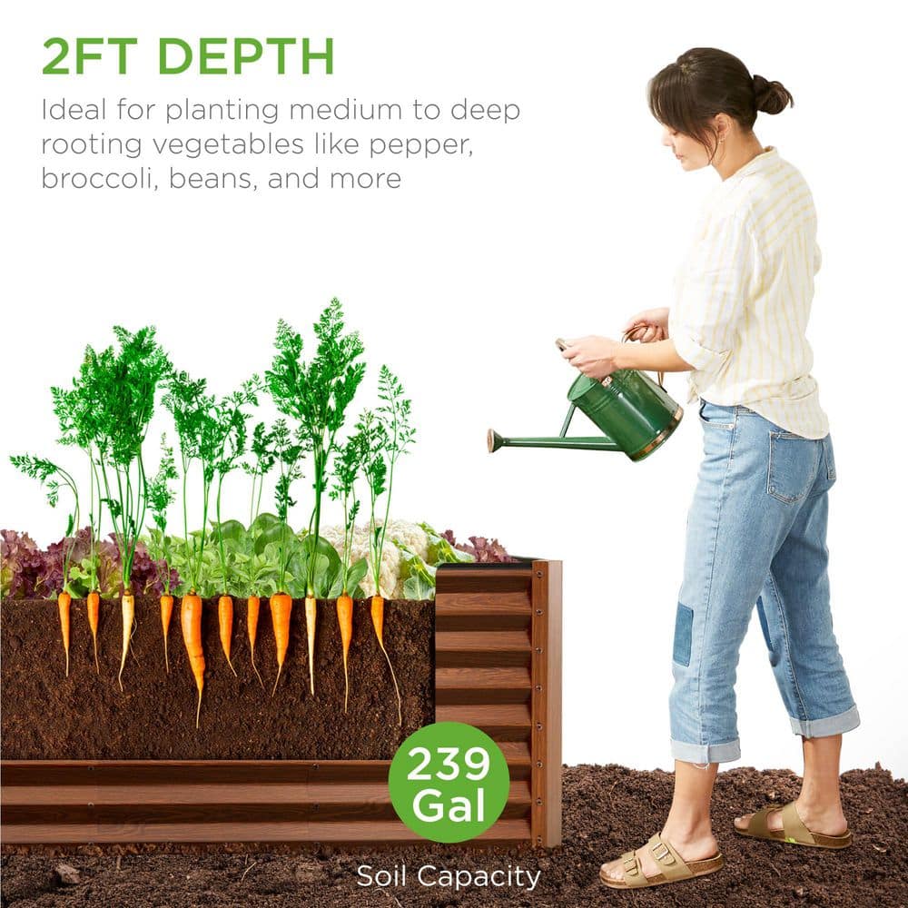 Wood Grain 8x2x2ft Outdoor Metal Raised Garden Bed Planter Box