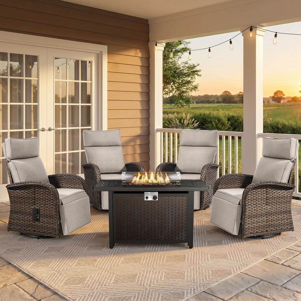 Carlos 5-Piece Patio Fire Pit Conversation Set with Swivel Recliner Chair, Outdoor Sofa Seating Sets with Beige Cushions price history on PriceWatchPro