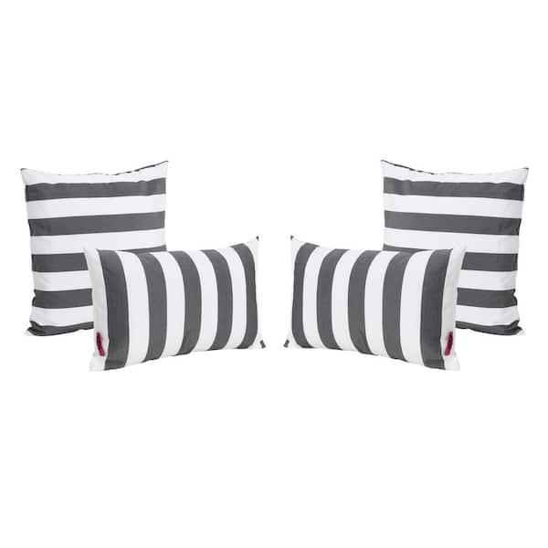 Noble House Brantpoint Outdoor Square and Rectangular Black and White Striped Throw Pillows (Set of 4)
