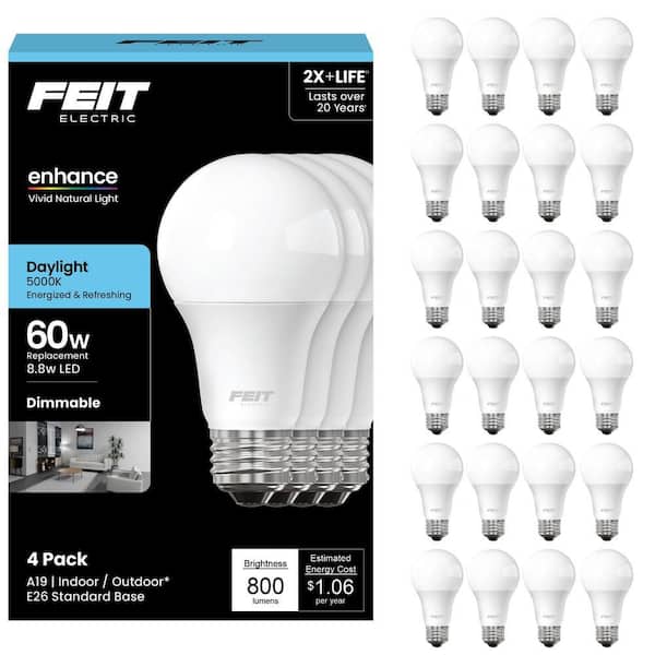 60-Watt Equivalent A19 Dimmable CEC Title 20 90 CRI E26 Medium Base LED Light Bulb, Daylight 5000K (24-Pack)