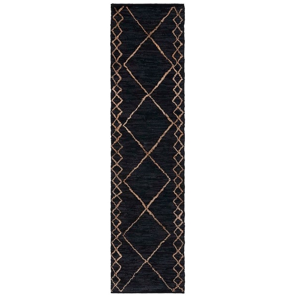 Vintage Leather 2 ft. x 9 ft. Black/Natural Chevron Border Runner Rug