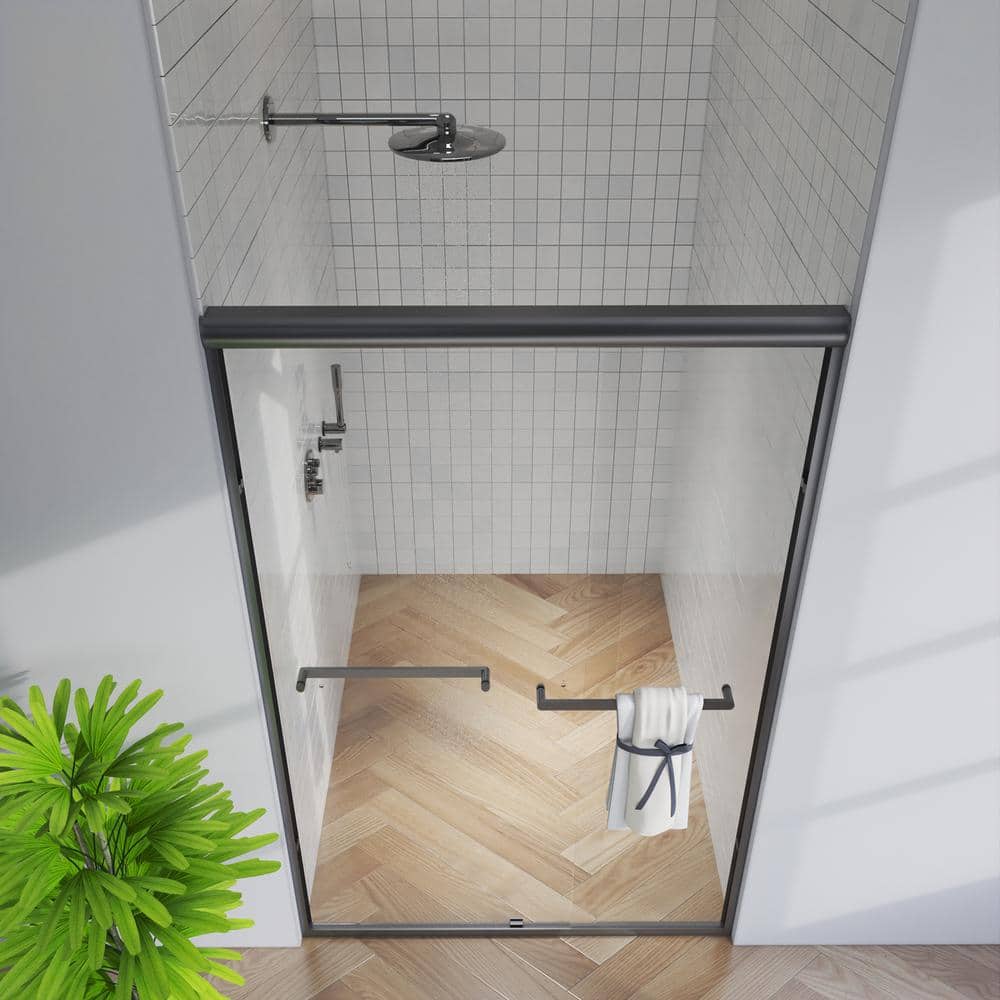 Matte Black Semi-Frameless Sliding Shower Door with Clear Glass