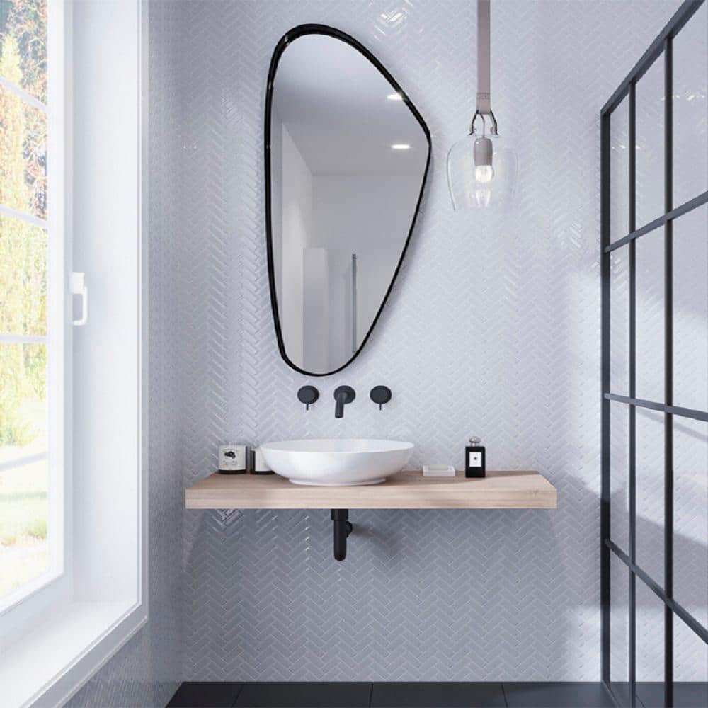 Ice White Herringbone Polished Glass Mosaic Tile 11" x 12.6"