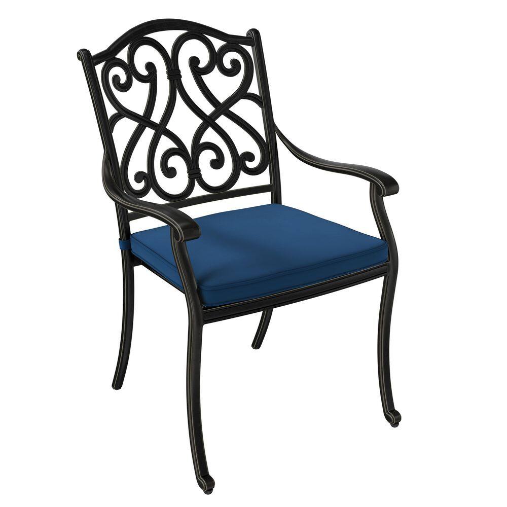 Set of 4 Black Cast Aluminum Outdoor Dining Chairs with Blue Cushions