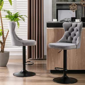 Modern Gray Metal Adjusatble Seat Height from 25-33 in. Swivel Velvet Barstools Set of 2