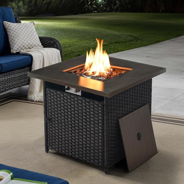 Opohoro ArcoBay 30 in. Square Brown Wicker and Metal Propane Gas Outdoor Fire Pit Table with Lava Rocks, 50000 BTU