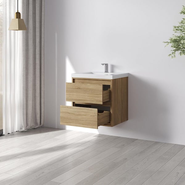 Purus 24 in. W x 20 in. D x 26 in. H Single Sink Wall Mounted Bath Vanity in Oak with White Cultured Marble Top