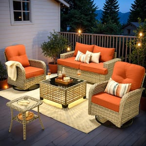 Tiberte Gray 6-Piece Wicker Patio Conversation Seating Set with Orange Red Cushions and Swivel Chairs