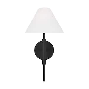 Porteau 1-light Midnight Black Wall Sconce with White Linen Fabric Shade