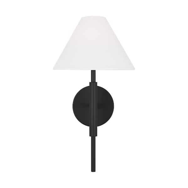 SCOTT LIVING Porteau 1-light Midnight Black Wall Sconce with White Linen Fabric Shade