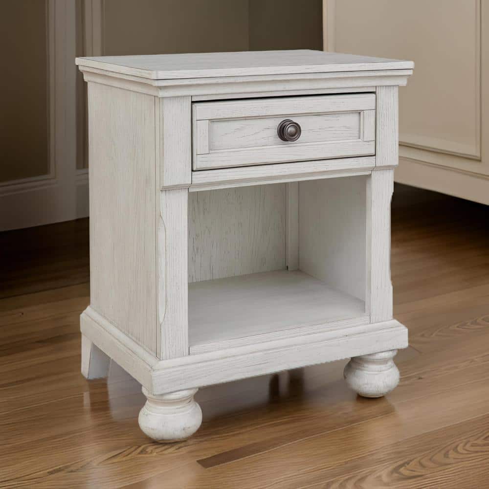 Elegant Robbinsdale Antique White 1-Drawer Nightstand with Bronze-Tone Hardware