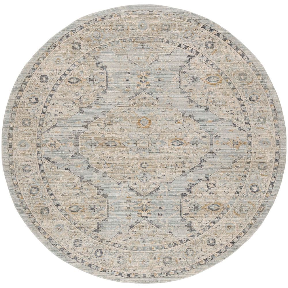 Nyle Light Blue and Beige Round Synthetic Area Rug