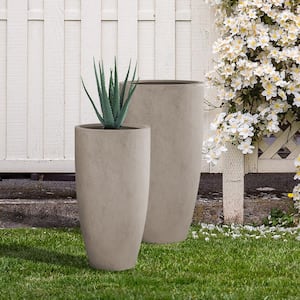31.4" and 23.6"H Weathered Finish Concrete Tall Planters (Set of 2), Large Outdoor Indoor w/Drainage Hole & Rubber Plug