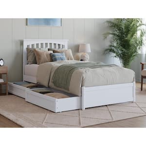 Everett White Solid Wood Frame Twin XL Platform Bed with Panel Footboard and Storage Drawers
