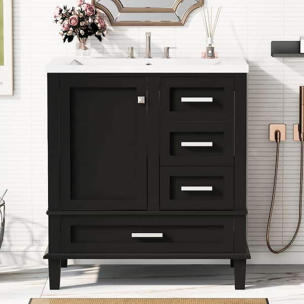 PARASOLAR 30 in. W Freestanding Bath Vanity in Black with White Ceramic Top and Sink, Soft Closing Door, 3 Drawers