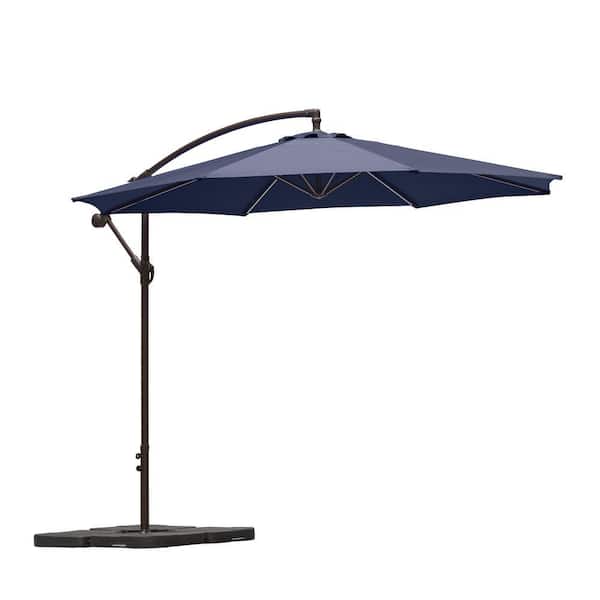 Bayshore Outdoor 10 ft. Hanging Offset Cantilever Patio Umbrella with Easy Crank Lift and Base Weights in Navy Blue