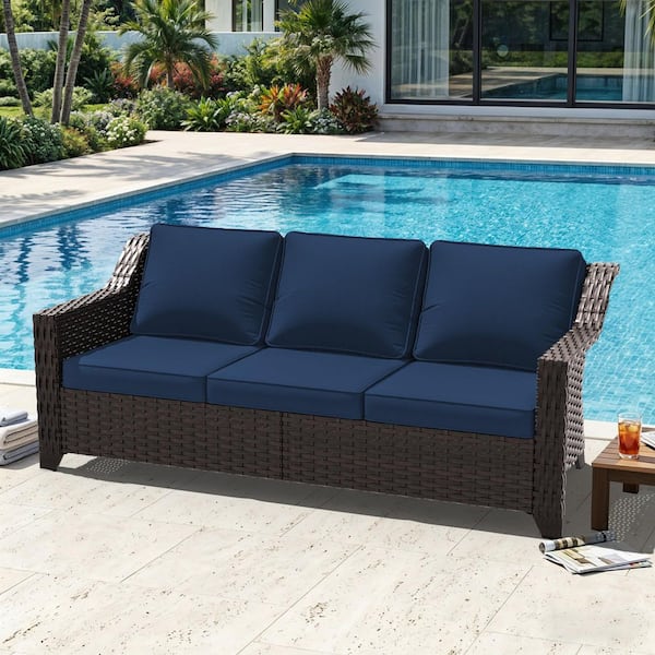 Wicker Outdoor Patio Sectional Sofa with Navy Blue Cushions