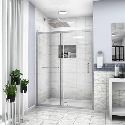 Lindsay 32 in. W x 75 in. H Sliding Semi Frameless Shower Door/Enclosure in Bright Silver with Clear Glass