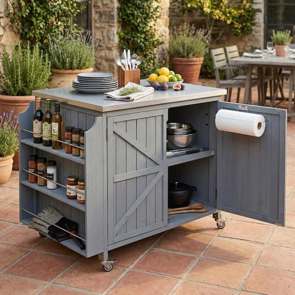 42.1 in. Blue Outdoor Steel Grill Cart with Side Shelf ,Storage