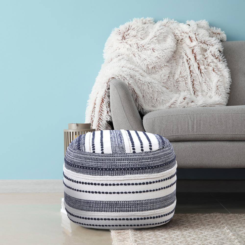 Navy and Ivory Seaside Striped Cotton Pouf Ottoman, 18" x 14"