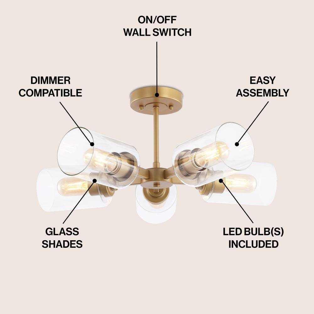 Jaynie 21.5" Brass Gold 5-Light Farmhouse LED Flush Mount with Clear Glass