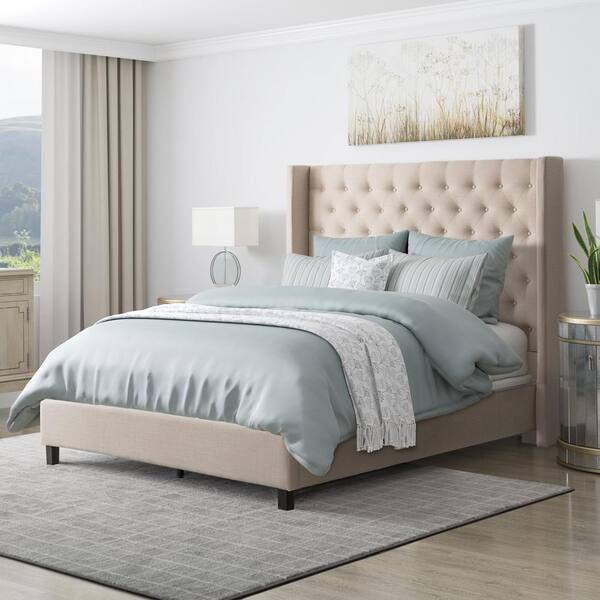 CorLiving Fairfield Beige Tufted Fabric King Bed with Wings