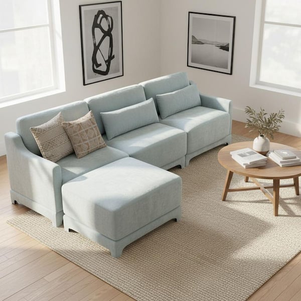 XGMDZB 61 in. Straight Arm 4-Piece Chenille Modular Sectional Sofa with Comfort and 3-Seater and Ottoman in Powder Blue