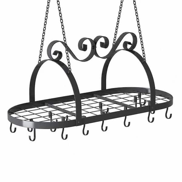 33 in. Pots and Pans Hanging Rack, Black Oval Ceiling Pot Rack with Grid, Metal Pan Rack Hanging Organizer with Hooks