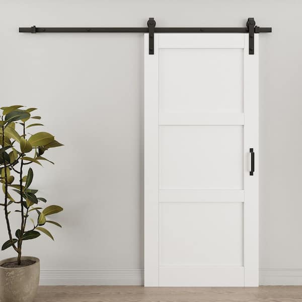 36 in. x 80 in. Paneled 3 Lite White Primed MDF Sliding Barn Door with Hardware Kit