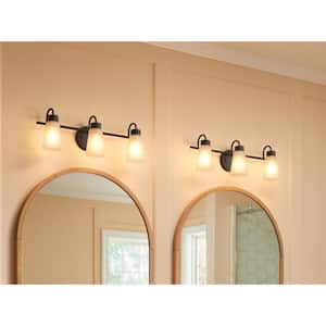 Erma 23 in. 3-Light Black Traditional Bathroom Vanity Light with Satin Etched Glass Shades