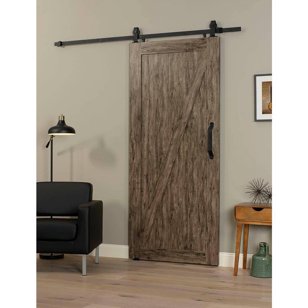 Millbrooke Weathered Gray PVC Vinyl Sliding Barn Door with Black Hardware Kit