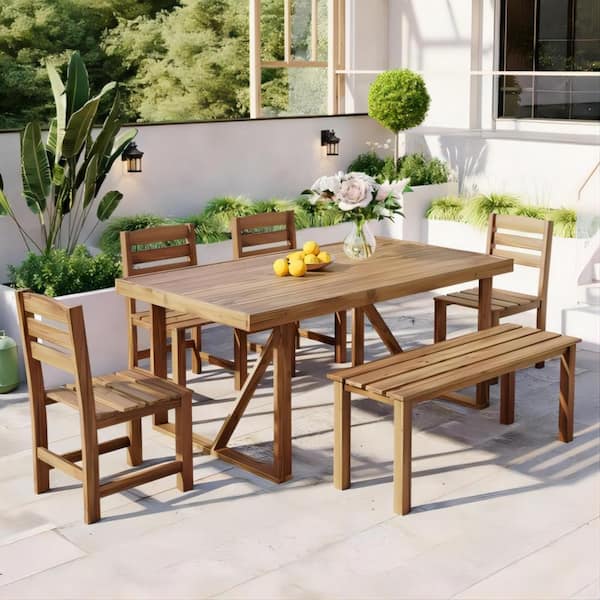 Clihome 6-Piece High-quality Brown Acacia Wood Outdoor Dining Table and Chair Set Suitable for Patio, Balcony, Backyard