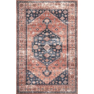 Medallion Bordered Machine Washable Rust 5 ft. x 8 ft. Area Rug