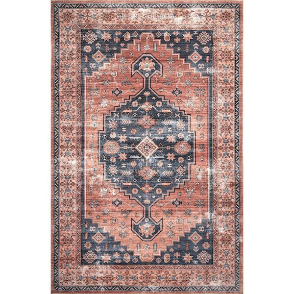 nuLOOM Medallion Bordered Machine Washable Rust 5 ft. x 8 ft. Area Rug