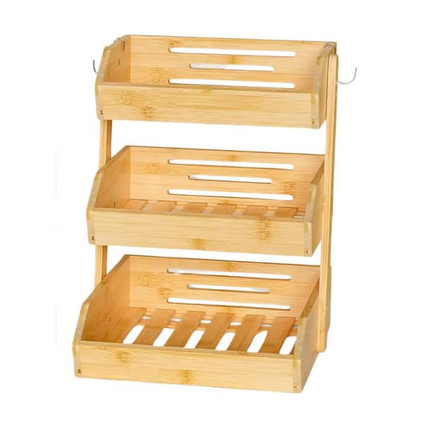 3-Tier Bamboo Fruit Bowl For Kitchen Counter, Large Fruit Holder With 2-Banana Hangers for Fruit and Vegetable Storage
