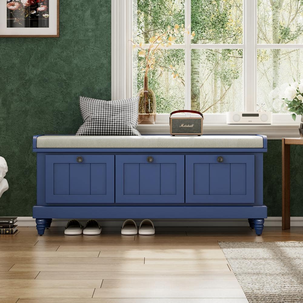Navy Blue 44 in. Bedroom Bench without Back 3-Drawers Storage Bench w/Remov