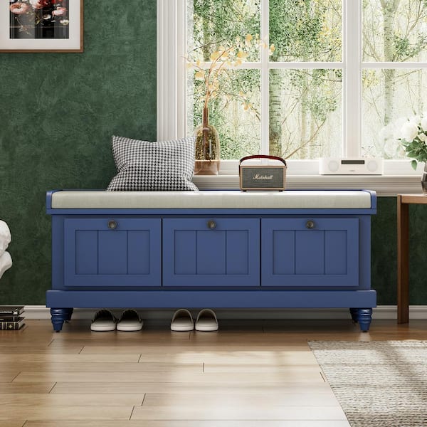 IDEAGLE Navy Blue 44 in. Bedroom Bench without Back 3-Drawers Storage Bench w/Removable Cushion Shoe Bench Entryway Bench