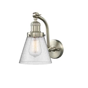 Cone 6.5 in. 1-Light Brushed Satin Nickel Wall Sconce with Seedy Glass Shade